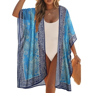 image:imageWomens Kimono Swimsuit Coverups Summer Beach Casual Loose Cardigans for Swimwear 2026Blue Yellow Paisley Print