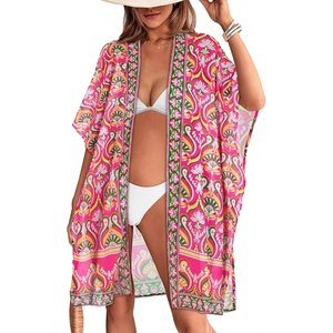 image:imageWomens Kimono Swimsuit Coverups Summer Beach Casual Loose Cardigans for Swimwear 2026Pink Yellow Print