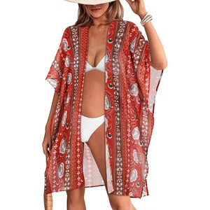 image:imageWomens Kimono Swimsuit Coverups Summer Beach Casual Loose Cardigans for Swimwear 2026Red Stripe Ethnic Print