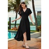 image:imageWEACZZY Women V Neck Ruffle Sleeve Maxi Dresses Split Elegant Slim Wrap Waist Wedding Guest Dress Elegant Casual Dresses 202601 Black