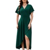 image:imageWEACZZY Women V Neck Ruffle Sleeve Maxi Dresses Split Elegant Slim Wrap Waist Wedding Guest Dress Elegant Casual Dresses 2026A Dark Green