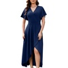 image:imageWEACZZY Women V Neck Ruffle Sleeve Maxi Dresses Split Elegant Slim Wrap Waist Wedding Guest Dress Elegant Casual Dresses 2026A Navy Blue