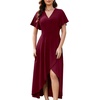 image:imageWEACZZY Women V Neck Ruffle Sleeve Maxi Dresses Split Elegant Slim Wrap Waist Wedding Guest Dress Elegant Casual Dresses 2026A Wine Red