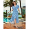 image:imageWEACZZY Women V Neck Ruffle Sleeve Maxi Dresses Split Elegant Slim Wrap Waist Wedding Guest Dress Elegant Casual Dresses 2026Blue Daisy
