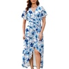 image:imageWEACZZY Women V Neck Ruffle Sleeve Maxi Dresses Split Elegant Slim Wrap Waist Wedding Guest Dress Elegant Casual Dresses 2026Blue Ink Flower