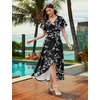 image:imageWEACZZY Women V Neck Ruffle Sleeve Maxi Dresses Split Elegant Slim Wrap Waist Wedding Guest Dress Elegant Casual Dresses 2026White Flower Black