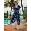 image:imageWEACZZY Women V Neck Ruffle Sleeve Maxi Dresses Split Elegant Slim Wrap Waist Wedding Guest Dress Elegant Casual Dresses 2026White Flower Navy