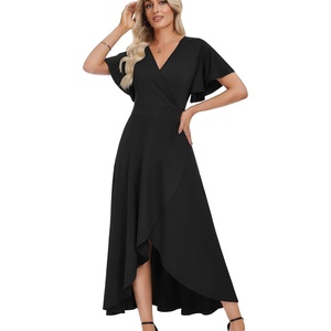 image:imageWEACZZY Women V Neck Ruffle Sleeve Maxi Dresses Split Elegant Slim Wrap Waist Wedding Guest Dress Elegant Casual Dresses 202601 Black