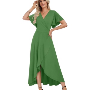 image:imageWEACZZY Women V Neck Ruffle Sleeve Maxi Dresses Split Elegant Slim Wrap Waist Wedding Guest Dress Elegant Casual Dresses 2026A Army Green