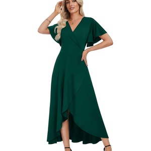 image:imageWEACZZY Women V Neck Ruffle Sleeve Maxi Dresses Split Elegant Slim Wrap Waist Wedding Guest Dress Elegant Casual Dresses 2026A Dark Green