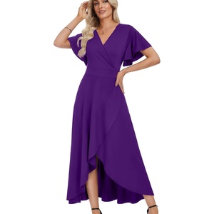 image:imageWEACZZY Women V Neck Ruffle Sleeve Maxi Dresses Split Elegant Slim Wrap Waist Wedding Guest Dress Elegant Casual Dresses 2026A Purple