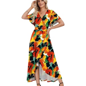 image:imageWEACZZY Women V Neck Ruffle Sleeve Maxi Dresses Split Elegant Slim Wrap Waist Wedding Guest Dress Elegant Casual Dresses 2026Abstract Flowers