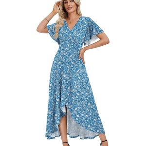 image:imageWEACZZY Women V Neck Ruffle Sleeve Maxi Dresses Split Elegant Slim Wrap Waist Wedding Guest Dress Elegant Casual Dresses 2026Blue Daisy