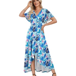 image:imageWEACZZY Women V Neck Ruffle Sleeve Maxi Dresses Split Elegant Slim Wrap Waist Wedding Guest Dress Elegant Casual Dresses 2026Blue Rainforest