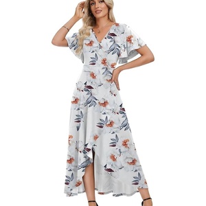 image:imageWEACZZY Women V Neck Ruffle Sleeve Maxi Dresses Split Elegant Slim Wrap Waist Wedding Guest Dress Elegant Casual Dresses 2026Gray Leaved Peony