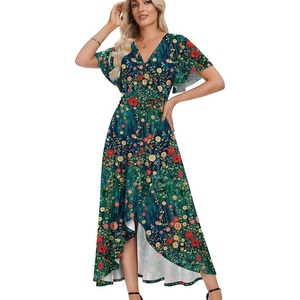 image:imageWEACZZY Women V Neck Ruffle Sleeve Maxi Dresses Split Elegant Slim Wrap Waist Wedding Guest Dress Elegant Casual Dresses 2026Green Garden