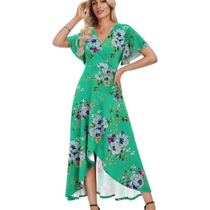 image:imageWEACZZY Women V Neck Ruffle Sleeve Maxi Dresses Split Elegant Slim Wrap Waist Wedding Guest Dress Elegant Casual Dresses 2026Mint Green