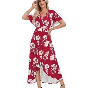 image:imageWEACZZY Women V Neck Ruffle Sleeve Maxi Dresses Split Elegant Slim Wrap Waist Wedding Guest Dress Elegant Casual Dresses 2026Red and White Flower