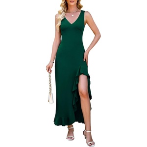 image:imageWEACZZY Women V Neck Sleeveless Sexy Maxi Dress Casual Hem Bodycon High Slit Cocktail Party Long Dresses 2026Dark Green