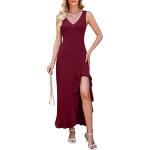 image:imageWEACZZY Women V Neck Sleeveless Sexy Maxi Dress Casual Hem Bodycon High Slit Cocktail Party Long Dresses 2026Wine Red