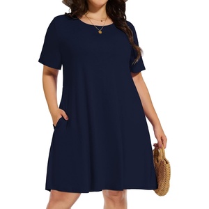 image:imageelescat Plus Size Summer Dresses for Women Casual Short Sleeve Pockets Loose Oversized T Shirt Sundress 2026A Navy Blue