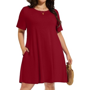 image:imageelescat Plus Size Summer Dresses for Women Casual Short Sleeve Pockets Loose Oversized T Shirt Sundress 2026A Wine Red