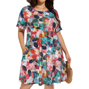 image:imageelescat Plus Size Summer Dresses for Women Casual Short Sleeve Pockets Loose Oversized T Shirt Sundress 2026Blue Red Leaves