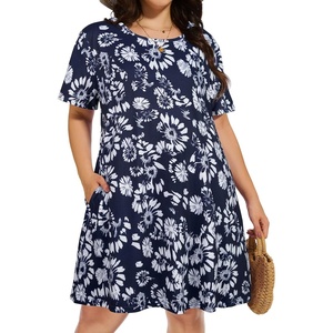 image:imageelescat Plus Size Summer Dresses for Women Casual Short Sleeve Pockets Loose Oversized T Shirt Sundress 2026Dark Blue Floral