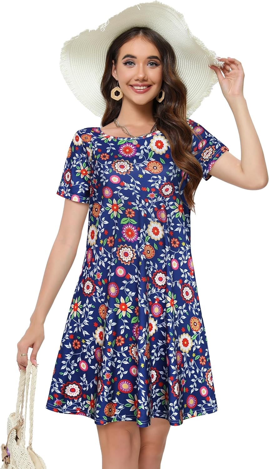 image:imageSummer Dresses for Women Casual Tshirt Short Sleeve Floral Sundress Beach Cover Ups with Pockets 2026Blue Colorful Floral