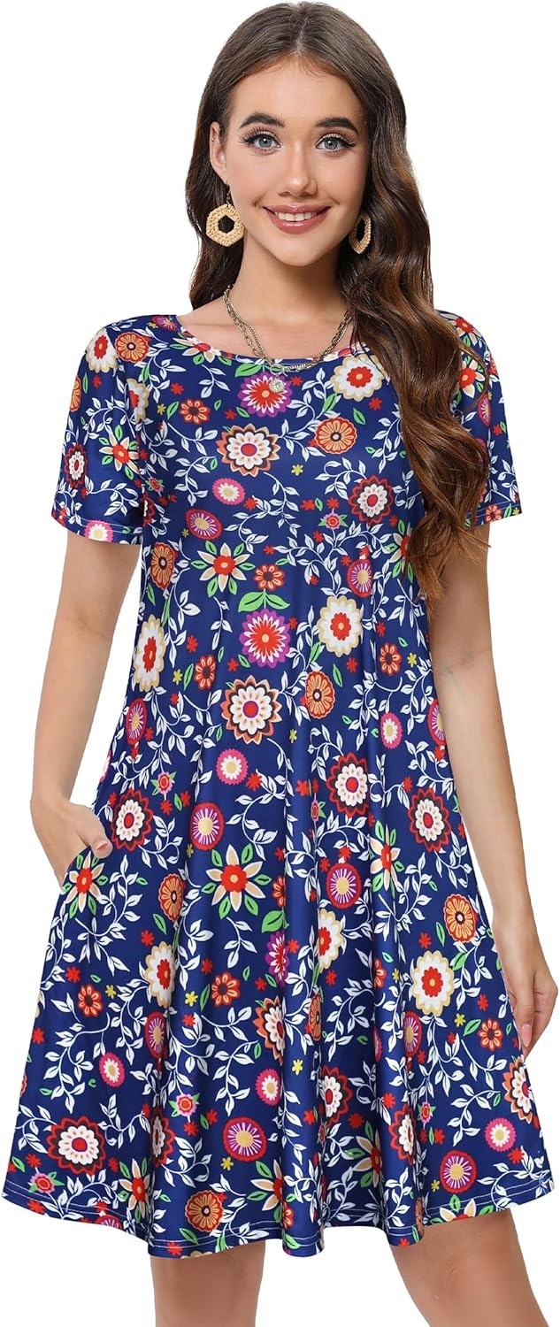 image:imageSummer Dresses for Women Casual Tshirt Short Sleeve Floral Sundress Beach Cover Ups with Pockets 2026Blue Colorful Floral