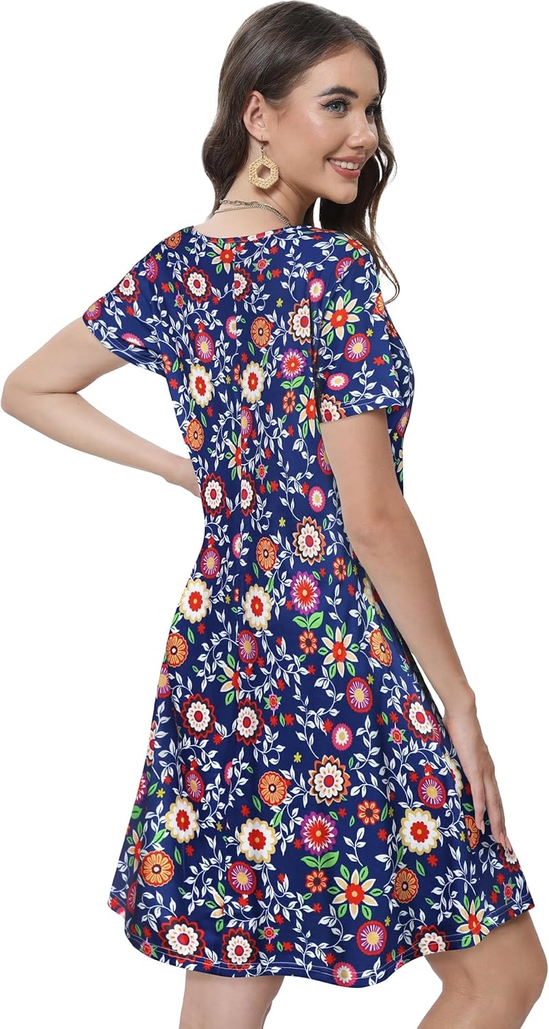 image:imageSummer Dresses for Women Casual Tshirt Short Sleeve Floral Sundress Beach Cover Ups with Pockets 2026Blue Colorful Floral
