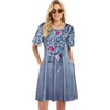 image:imageelescat Sundress for Women Casual Loose Summer Short Sleeve Pleated Front Crew Neck T Shirt Dress with Pockets 2026Greyish Blue Floral