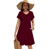image:imageelescat Sundresses for Women 2026 Summer Casual Loose V Neck Short Sleeve Tshirt Dress with PocketsDeep Red