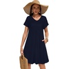 image:imageelescat Sundresses for Women 2026 Summer Casual Loose V Neck Short Sleeve Tshirt Dress with PocketsNavy Blue