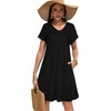image:imageelescat Sundresses for Women 2026 Summer Casual Loose V Neck Short Sleeve Tshirt Dress with PocketsSolid Black