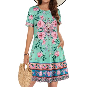 image:imageSummer Dresses for Women Casual Tshirt Short Sleeve Floral Sundress Beach Cover Ups with Pockets 2026Aquamarine Flower
