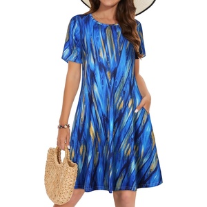 image:imageSummer Dresses for Women Casual Tshirt Short Sleeve Floral Sundress Beach Cover Ups with Pockets 2026B Blue Stripe