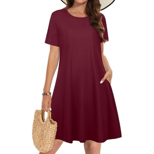 image:imageSummer Dresses for Women Casual Tshirt Short Sleeve Floral Sundress Beach Cover Ups with Pockets 2026B Burgundy