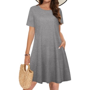 image:imageSummer Dresses for Women Casual Tshirt Short Sleeve Floral Sundress Beach Cover Ups with Pockets 2026B Dark Grey
