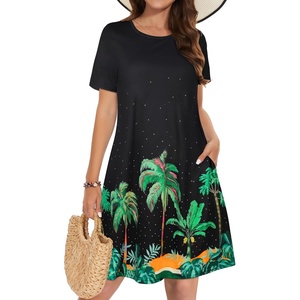image:imageSummer Dresses for Women Casual Tshirt Short Sleeve Floral Sundress Beach Cover Ups with Pockets 2026Black Coconut Tree