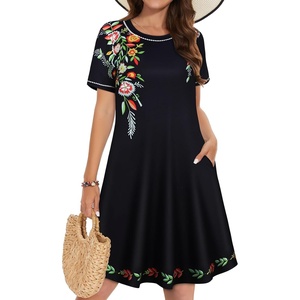 image:imageSummer Dresses for Women Casual Tshirt Short Sleeve Floral Sundress Beach Cover Ups with Pockets 2026Black Flower Bouquet