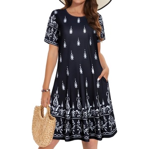 image:imageSummer Dresses for Women Casual Tshirt Short Sleeve Floral Sundress Beach Cover Ups with Pockets 2026Black White Boho