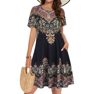 image:imageSummer Dresses for Women Casual Tshirt Short Sleeve Floral Sundress Beach Cover Ups with Pockets 2026Black Yellow Boho