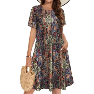 image:imageSummer Dresses for Women Casual Tshirt Short Sleeve Floral Sundress Beach Cover Ups with Pockets 2026Blue Boho Print
