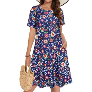 image:imageSummer Dresses for Women Casual Tshirt Short Sleeve Floral Sundress Beach Cover Ups with Pockets 2026Blue Colorful Floral