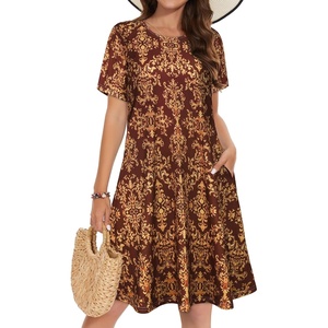 image:imageSummer Dresses for Women Casual Tshirt Short Sleeve Floral Sundress Beach Cover Ups with Pockets 2026Wine Red Yellow Floral