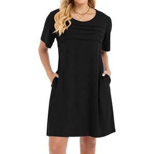image:imageelescat Sundress for Women Casual Loose Summer Short Sleeve Pleated Front Crew Neck T Shirt Dress with Pockets 2026Black