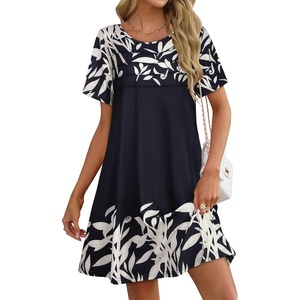 image:imageelescat Sundress for Women Casual Loose Summer Short Sleeve Pleated Front Crew Neck T Shirt Dress with Pockets 2026Black Beige Floral