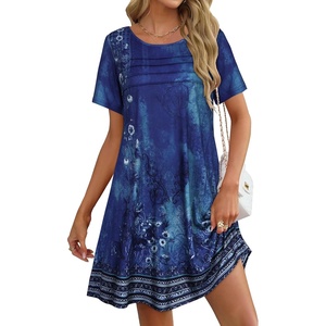 image:imageelescat Sundress for Women Casual Loose Summer Short Sleeve Pleated Front Crew Neck T Shirt Dress with Pockets 2026Blue Floral
