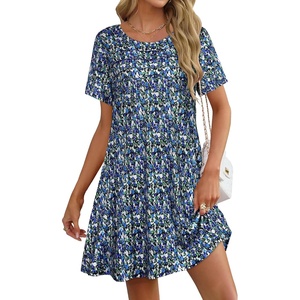 image:imageelescat Sundress for Women Casual Loose Summer Short Sleeve Pleated Front Crew Neck T Shirt Dress with Pockets 2026Blue Green Floral